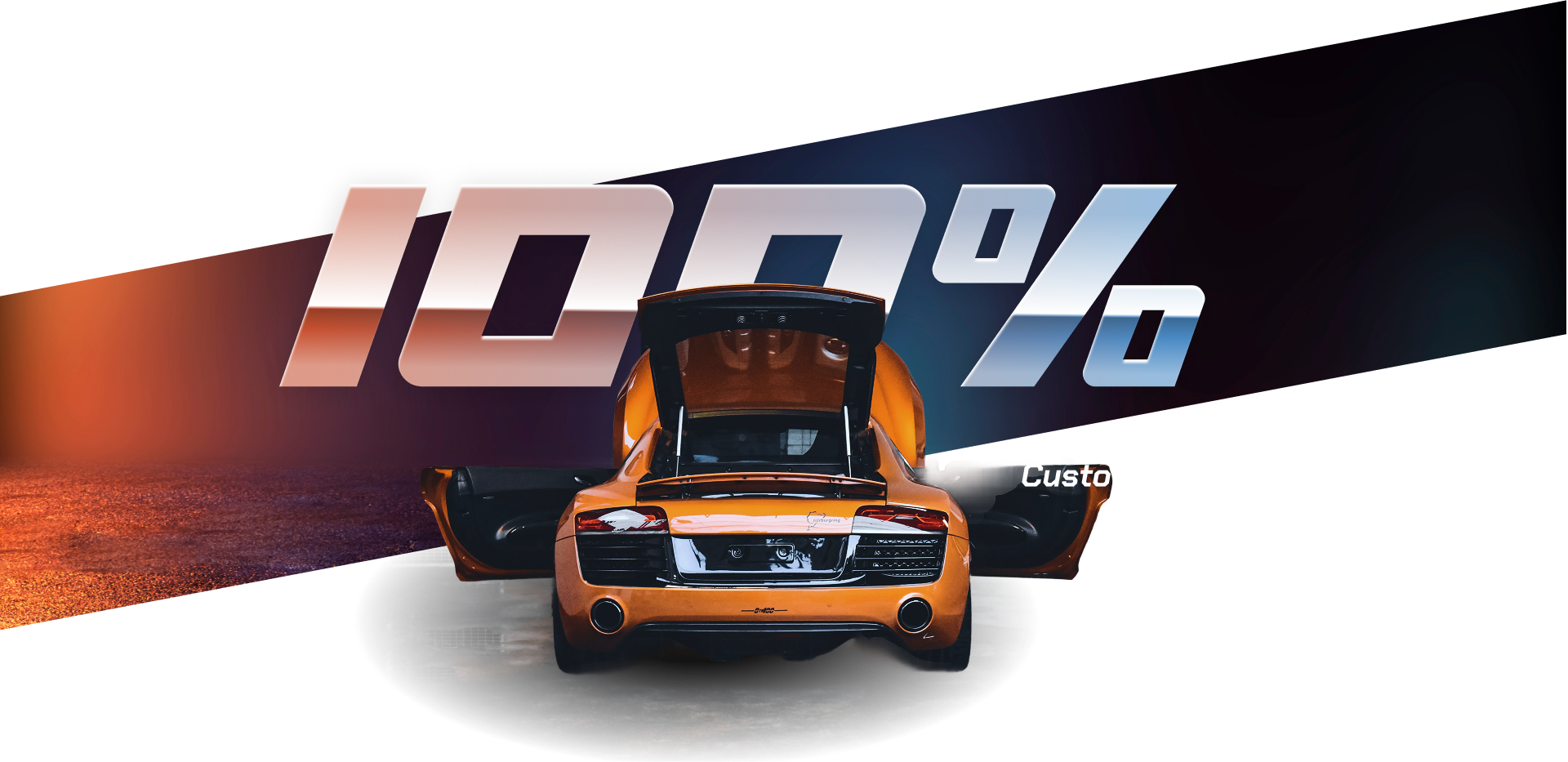 Orange sports car with open doors under a large “100%” graphic on a black-and-orange background | Sam Smith Performance Car Care Center