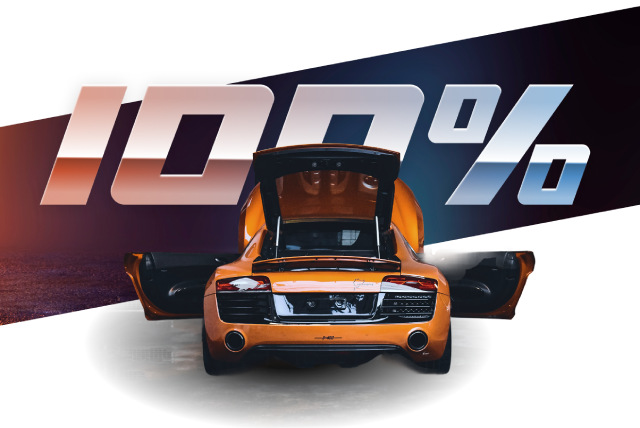 Orange sports car with open doors under bold “10%” text on a white and purple background | Sam Smith Performance Car Care Center
