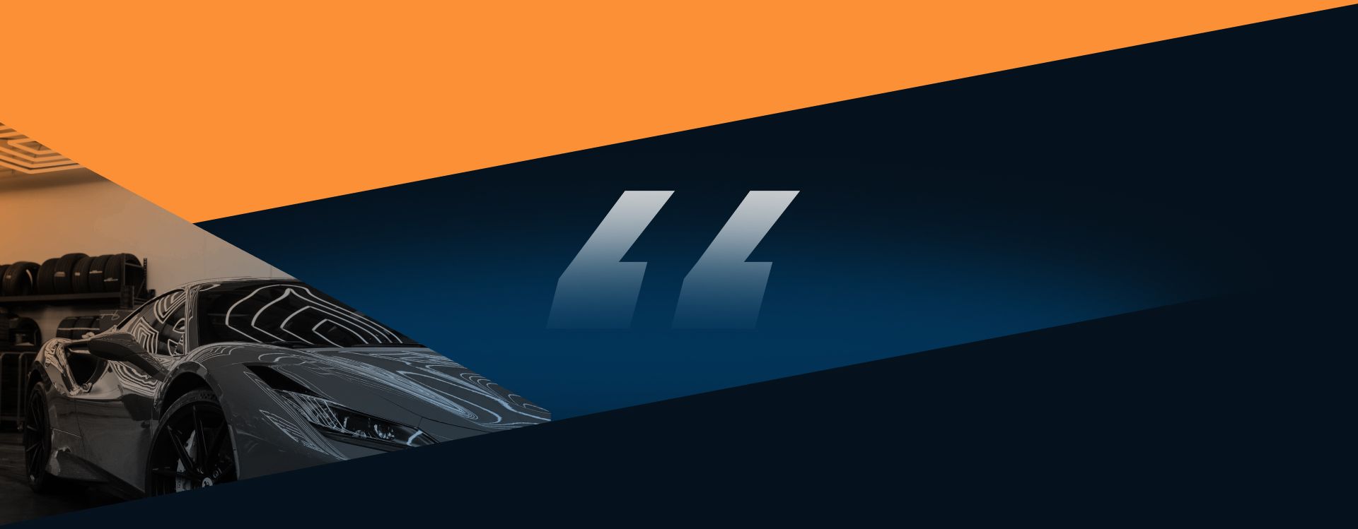 Stylized race car graphic with blue and orange diagonal shapes and quotation marks. | Sam Smith Performance Car Care Center