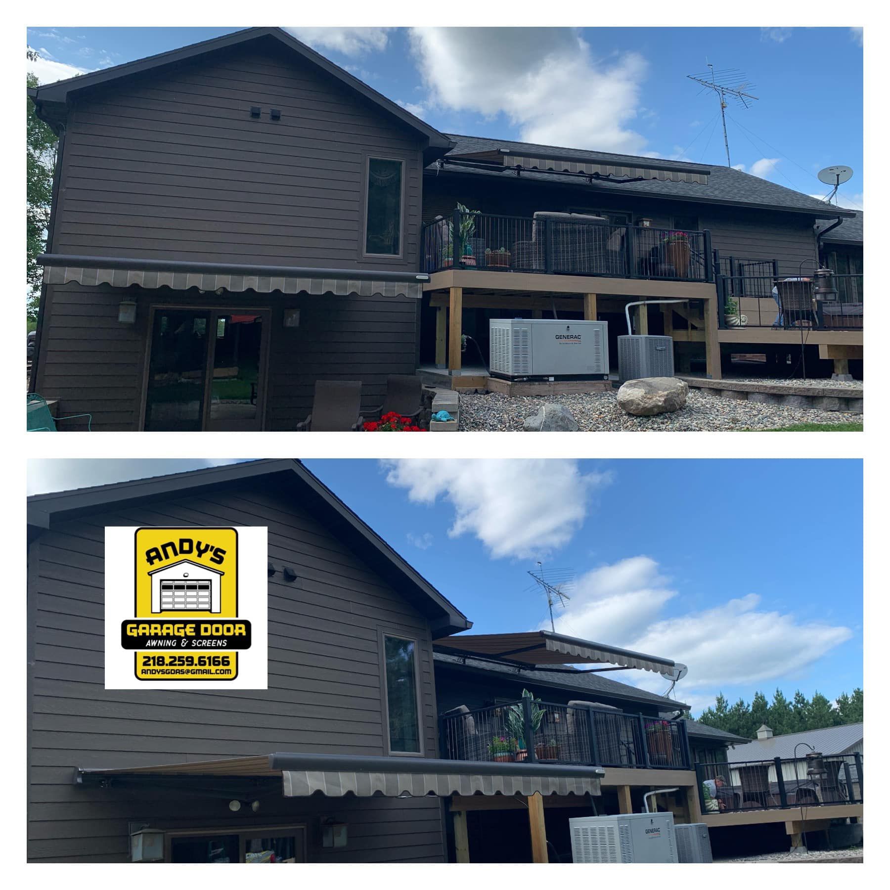 A before and after picture of a house with an awning.