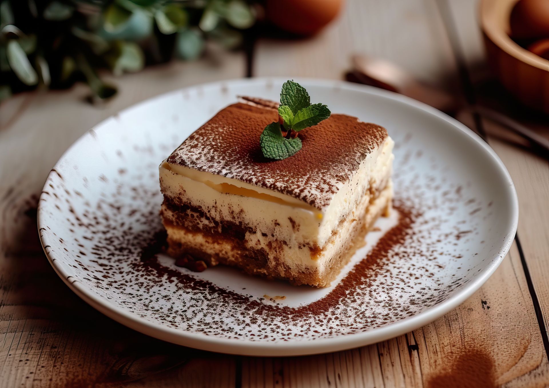 Un morceau de tiramisu sur une assiette blanche sur une table en bois.