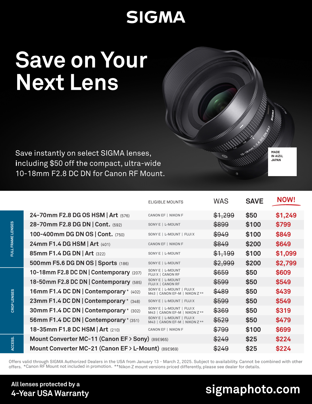 Instant Savings on SIGMA Lenses at Milford Photo