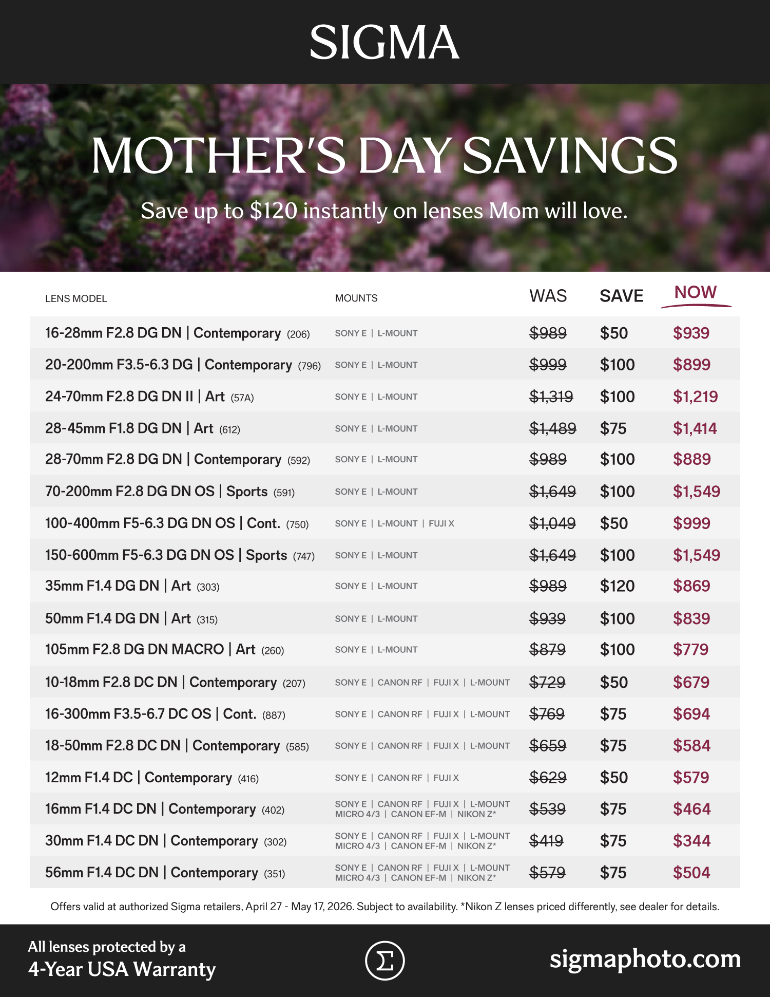 Save on SIGMA lenses at Milford Photo