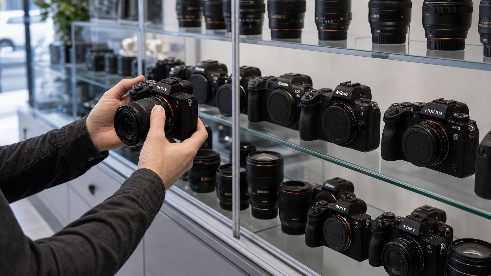 A customer browsing pre-owned cameras and lenses in a camera store