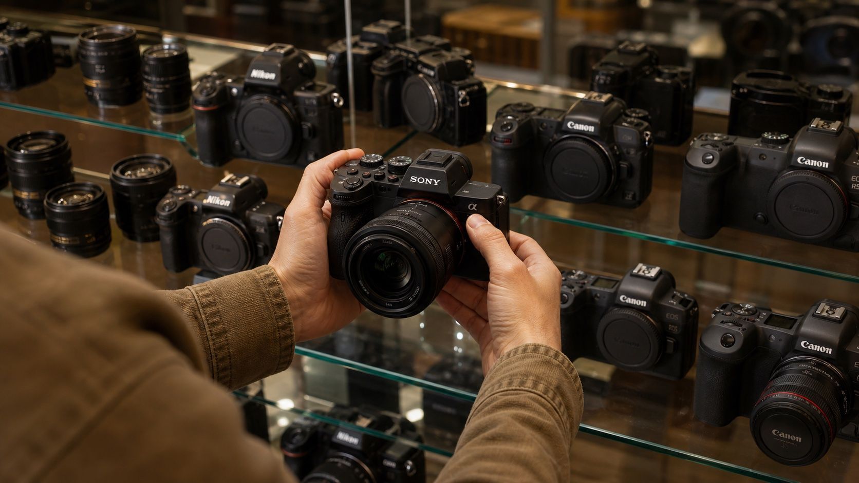 A customer browsing pre-owned cameras and lenses