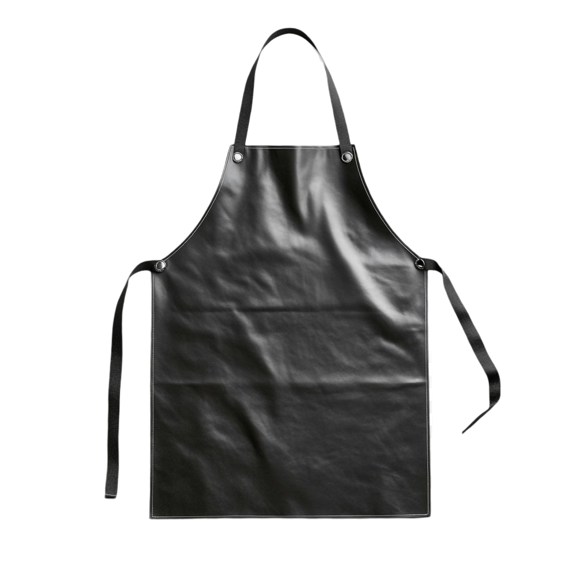 Delantal de cuero negro con trabilla para el cuello y lazos en la cintura.