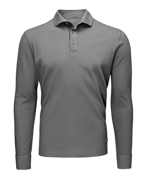 Polo gris de manga larga con cuello abotonado, sobre fondo blanco.