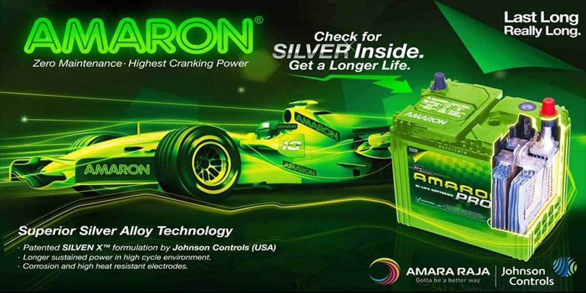 An Advertisement for Amaron Batteries Shows a Green Race Car on a Green Background — Central Coast Batteries In Long Jetty, NSW
