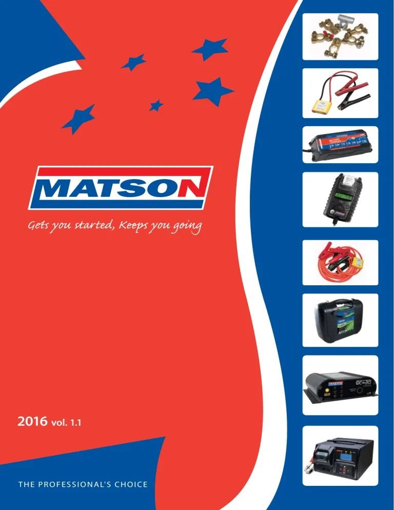 A Red, Blue and White Brochure for Matson Shows a Variety of Products — Central Coast Batteries In Long Jetty, NSW