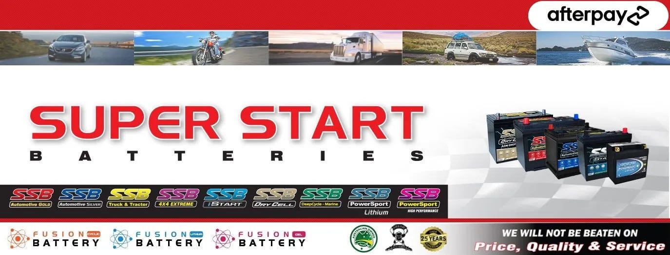 A Banner for Super Start Batteries With a Collage of Pictures — Central Coast Batteries In Long Jetty, NSW