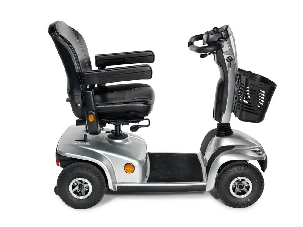 A Silver Mobility Scooter With a Basket on the Front on a White Background — Central Coast Batteries In Long Jetty, NSW