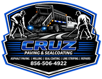 Cruz Paving & Sealcoating logo with truck, workers, services list, and phone number 856-606-4922