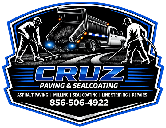 Cruz Paving & Sealcoating logo with asphalt truck, workers, and phone number 856-506-4922