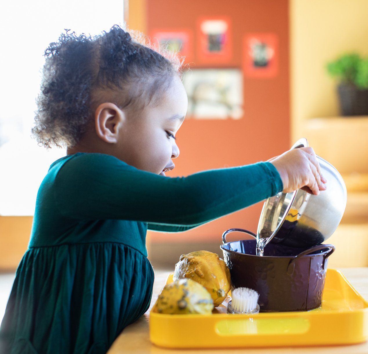 Montessori child is pouring water into a pot