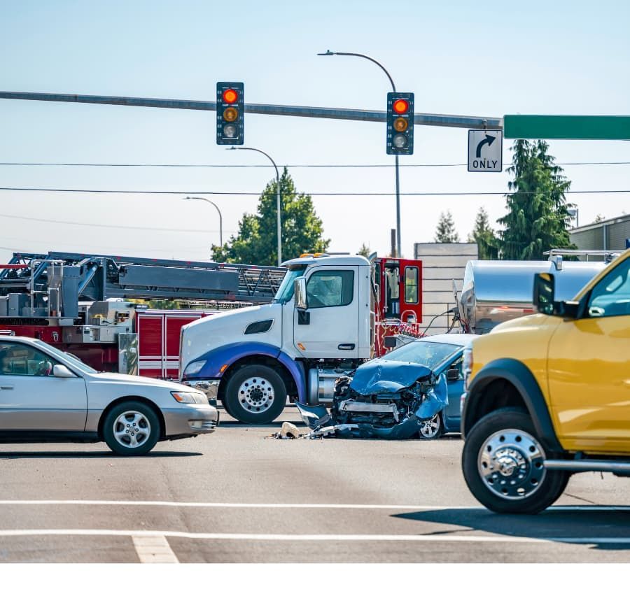 Damaged cars and semi-truck after an accident at an intersection with fire truck in the background.