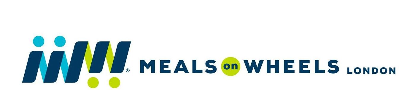 A blue and green logo for meals on wheels london