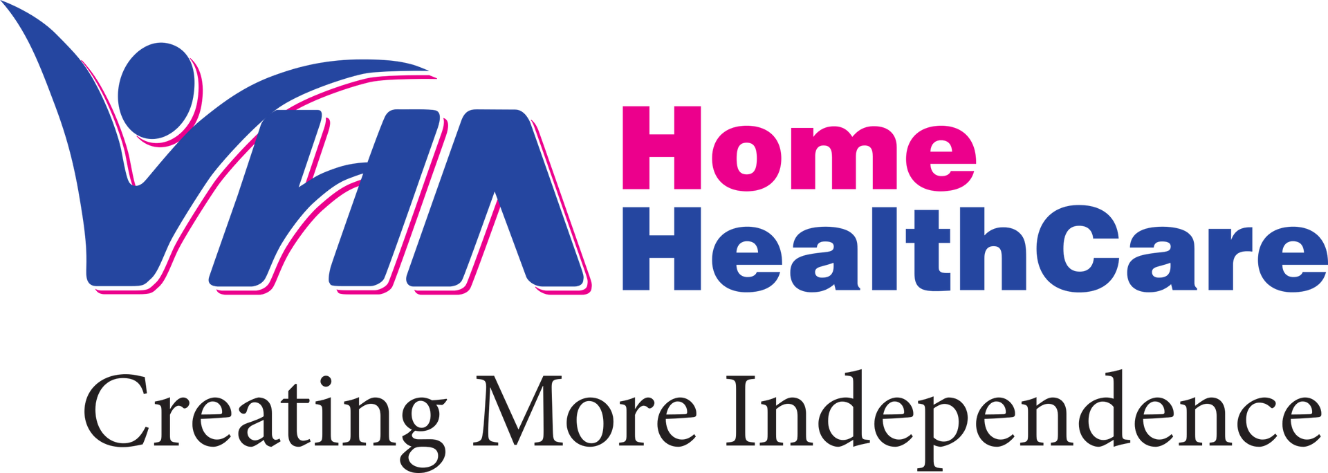 The home healthcare logo is blue and pink and says `` creating more independence ''.