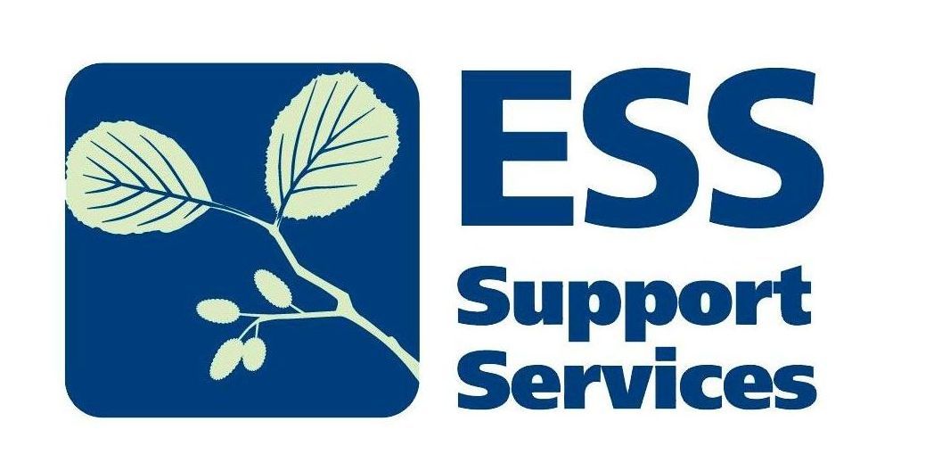 A logo for ess support services with a plant in the middle