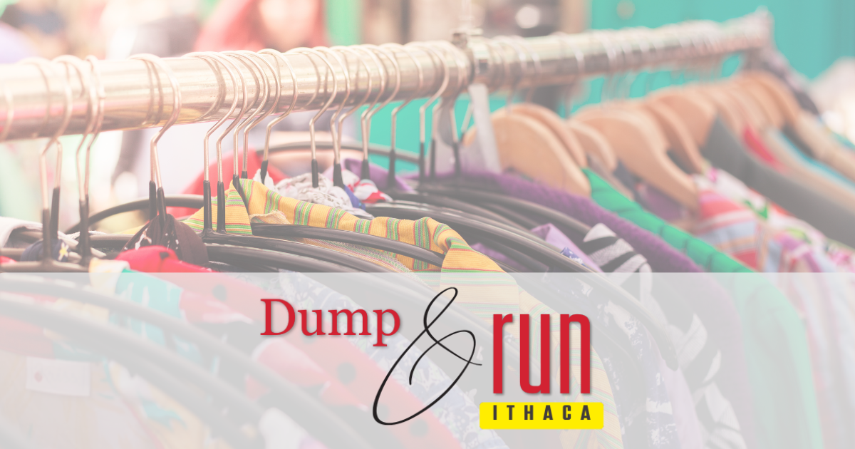Clothing rack with assorted garments and the “Dump & Run Ithaca” logo