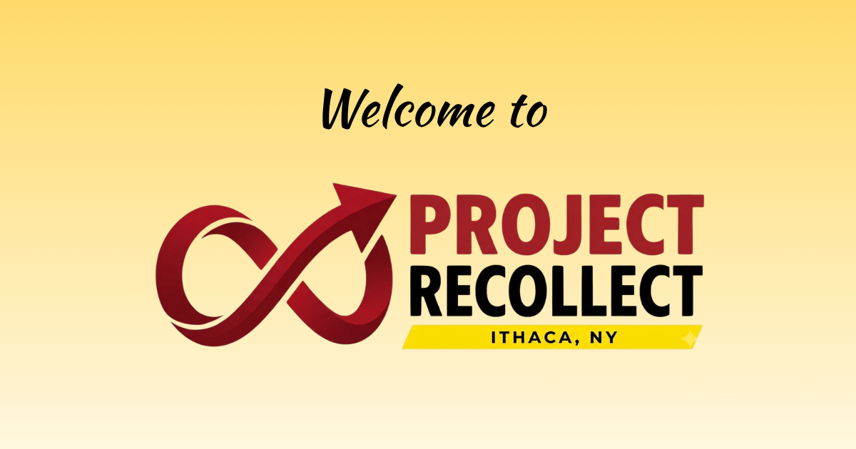 Project Recollect logo with red infinity arrow icon and text, Ithaca, NY