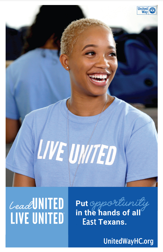 a woman wearing a blue shirt that says live united