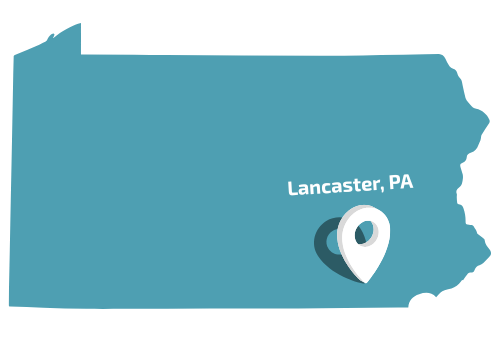 Map of Pennsylvania with a location pin for Lancaster, PA.