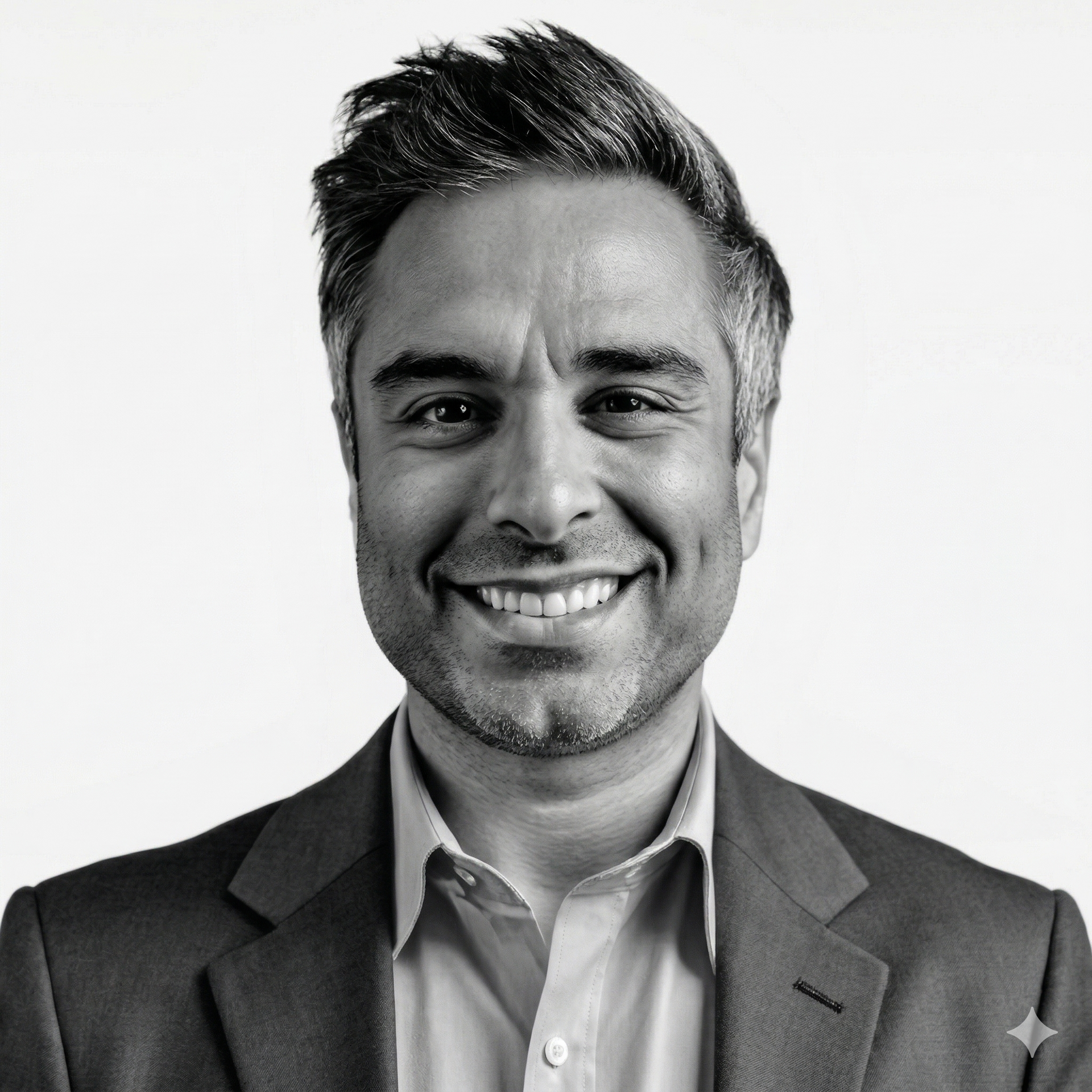 Man smiling, wearing a sweater and collared shirt. Black and white photo.