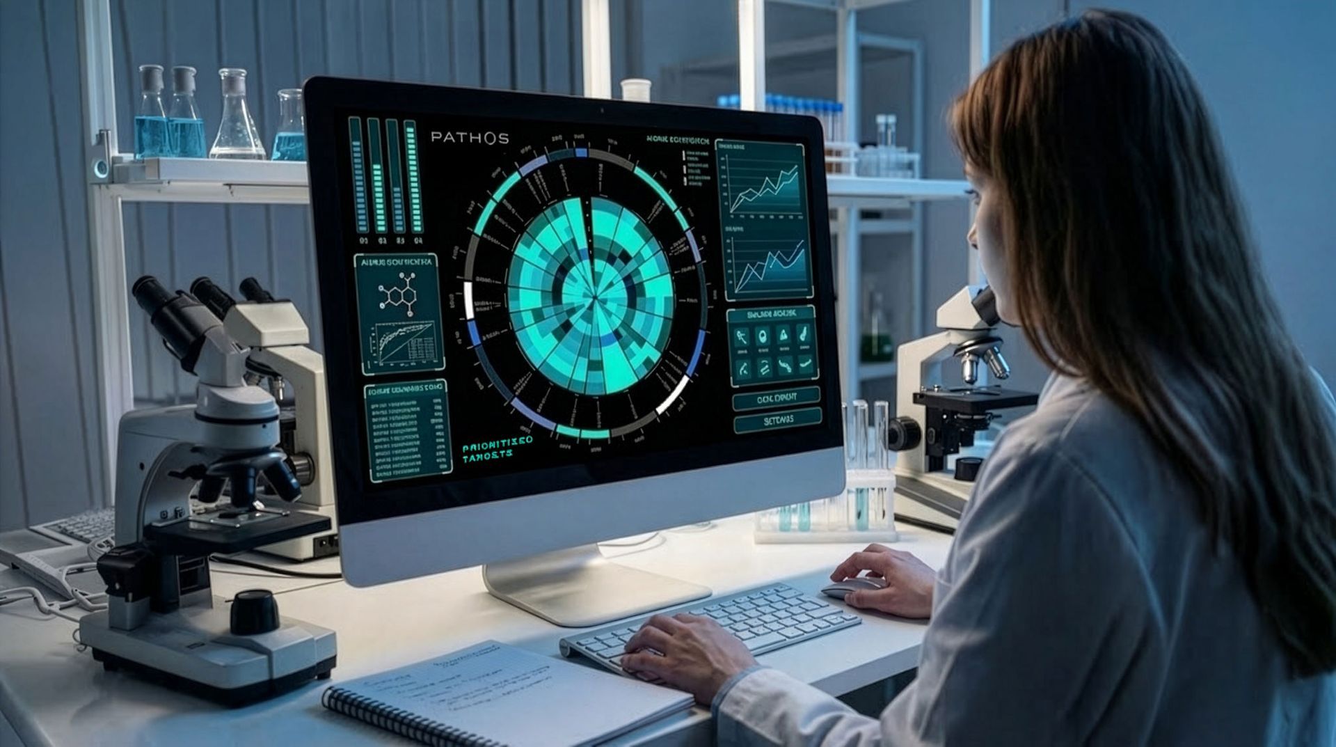 Woman in lab coat uses computer with scientific data visualizations. Microscopes and lab equipment surround.