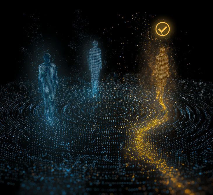 Three digital figures, two blue, one gold, with a path leading to a glowing checkmark. Dark background.