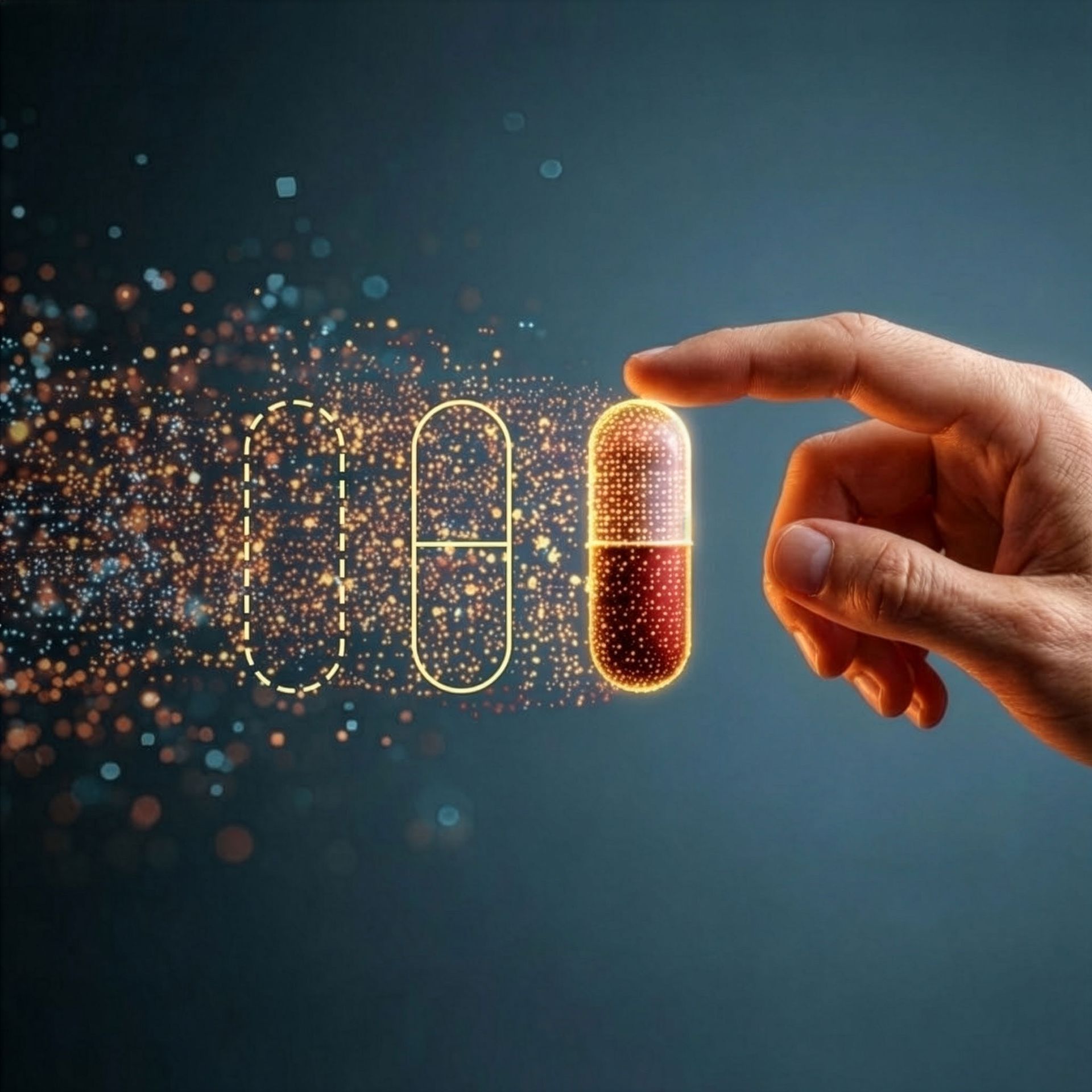Hand touching a glowing capsule, surrounded by digital particles, suggesting medical innovation.
