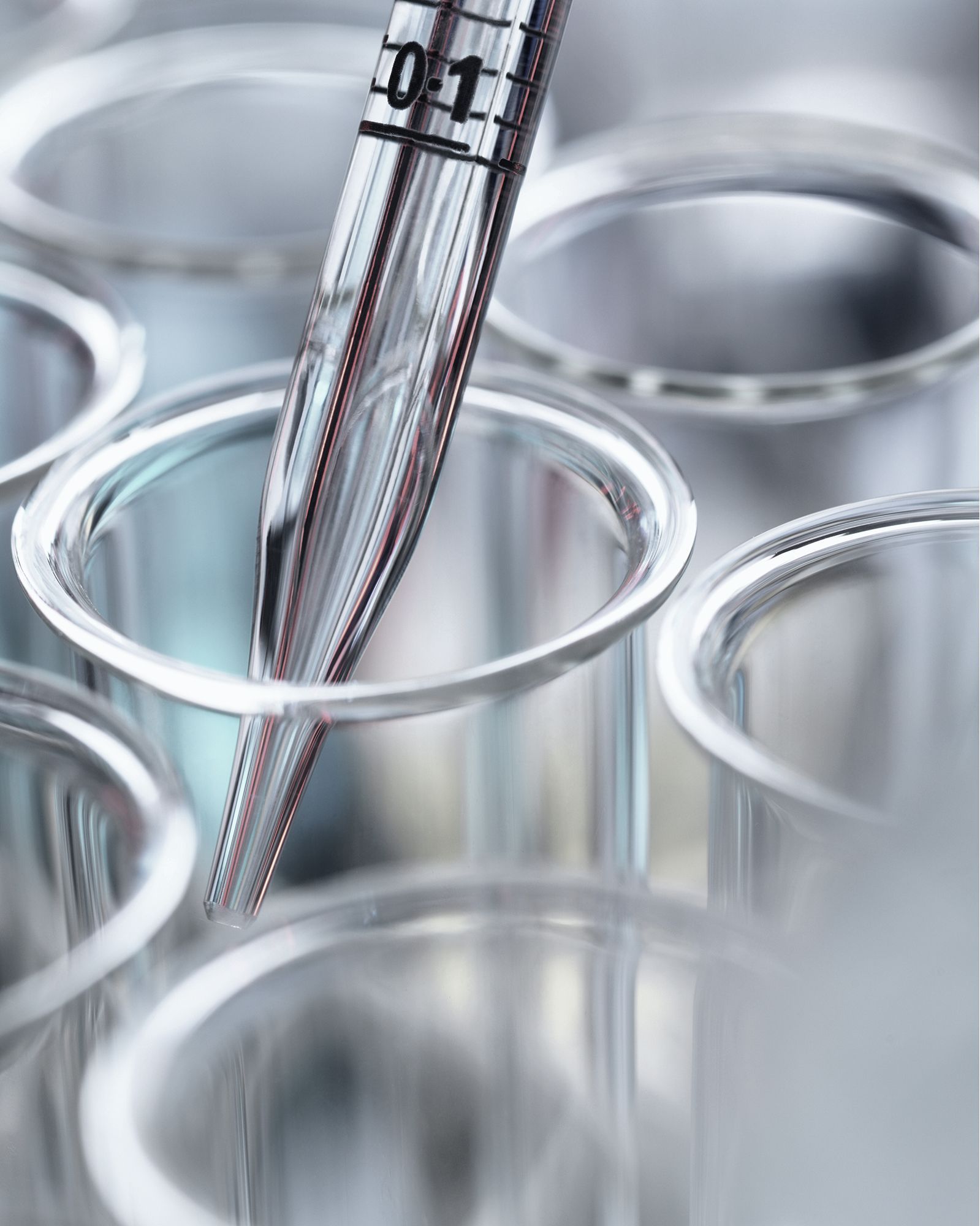 Pipette dispensing liquid into test tubes in a laboratory setting.