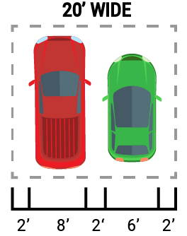 A red truck and a green car are parked next to each other on a 20 ' wide road.