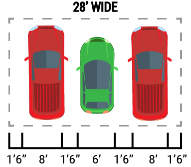 A red car , a green car , and a red truck are parked in a 28 ' wide parking space.