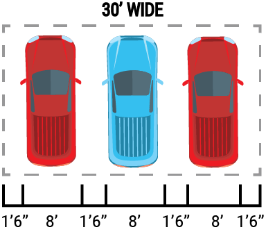 Three cars are parked next to each other in a parking lot.