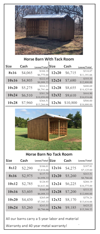 A picture of a horse barn with a table of sizes.