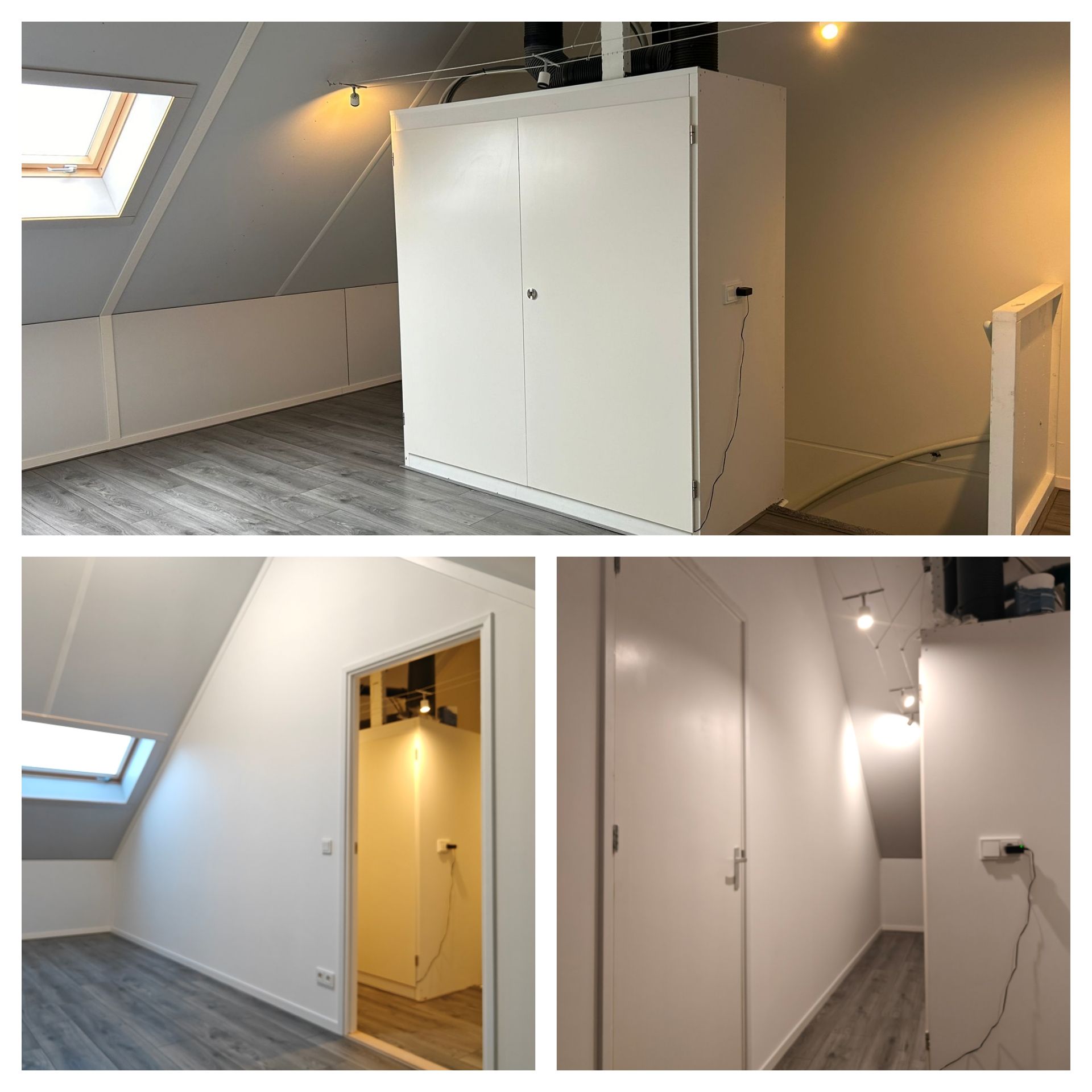 Een witte kast op zolder, gefotografeerd vanuit verschillende hoeken: in de kamer, vanuit de deuropening en tegen een witte muur.