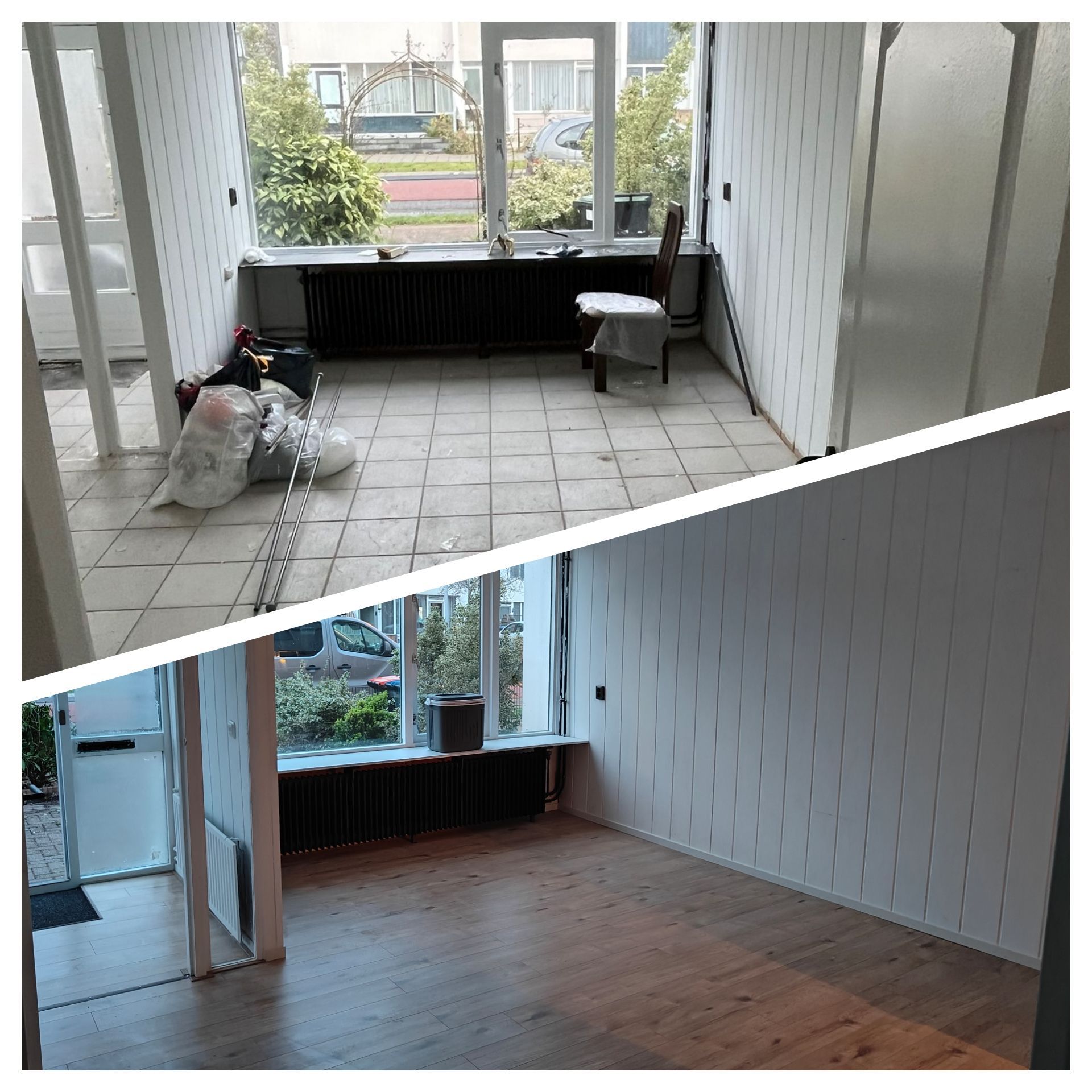 Een voor- en navergelijking van een kamerrenovatie, die de overgang van tegelvloeren naar nieuwe houten vloeren laat zien.