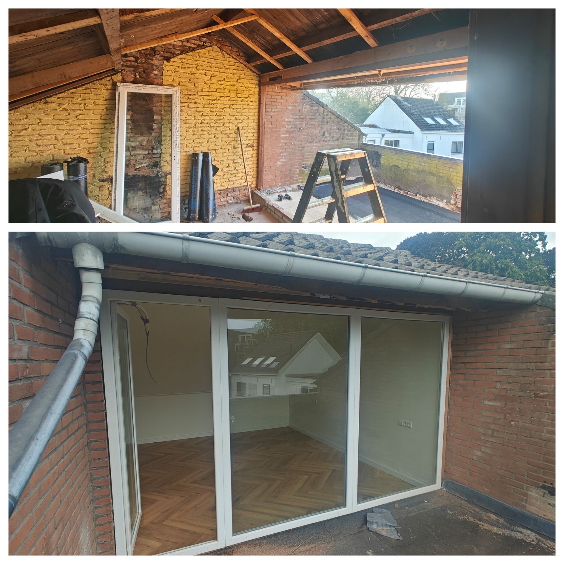 Een vergelijking van een zolderrenovatie, voor en na, waarbij een open ruimte met bakstenen muren is ontstaan ​​die zijn vervangen door grote glazen deuren.
