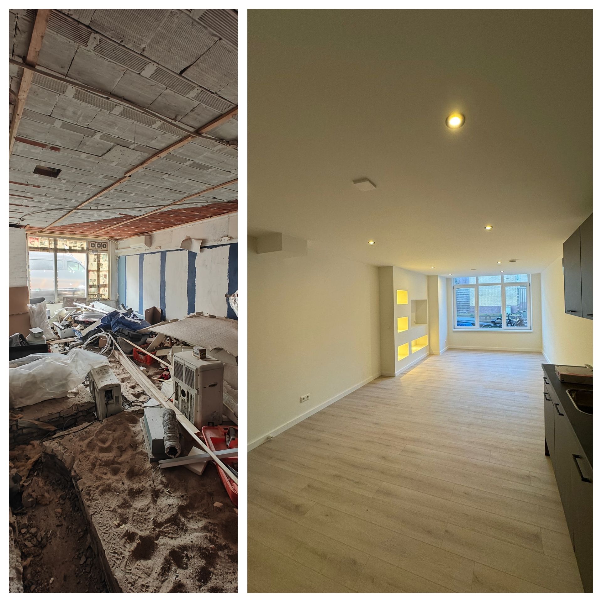 Voor- en nafoto's van een gerenoveerde binnenruimte, waarop een bouwplaats te zien is naast een afgewerkte, moderne woonruimte.