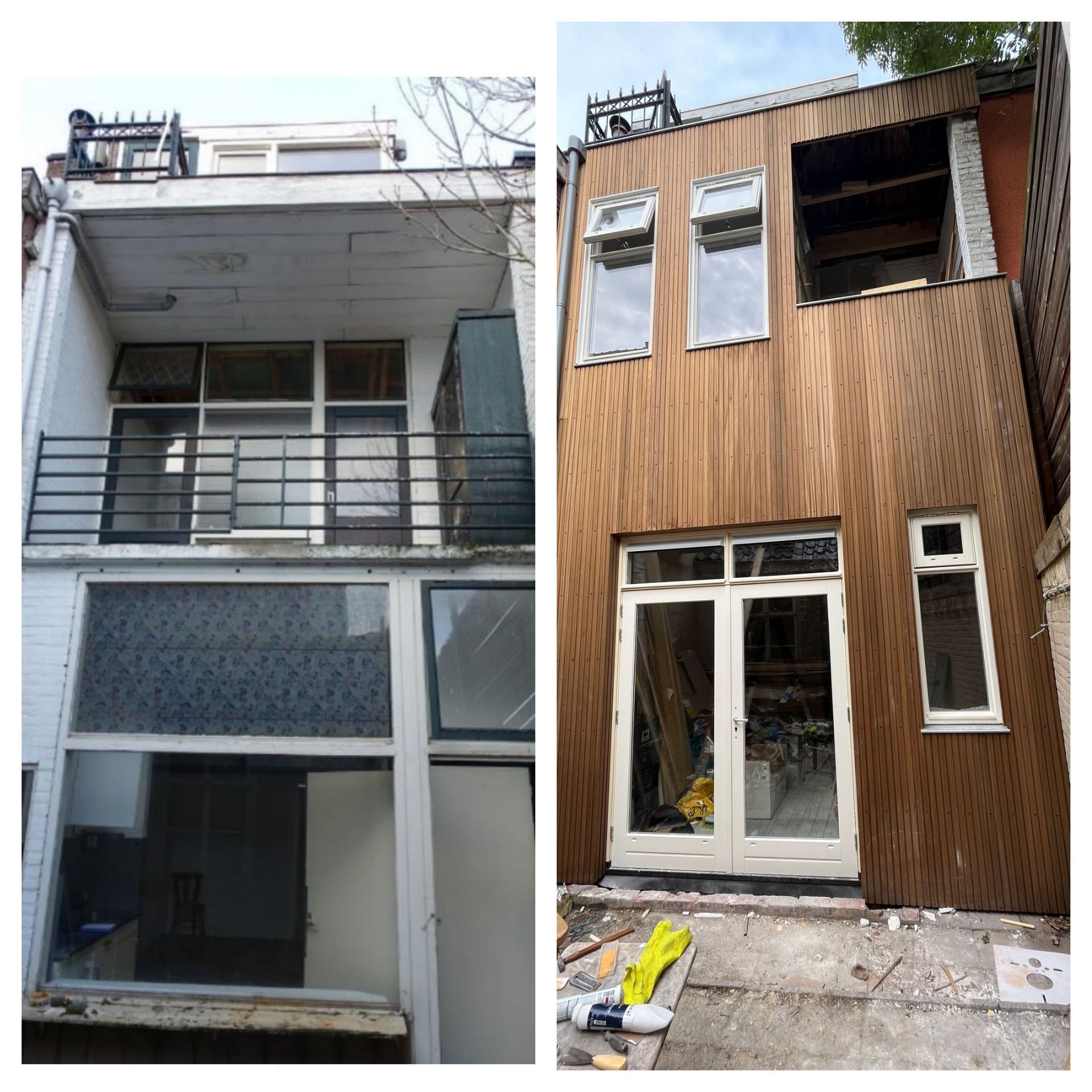 Voor- en nafoto's van een huisrenovatie, waarop te zien is hoe de gevel van een gebouw wordt vernieuwd met nieuwe houten lambrisering en ramen.