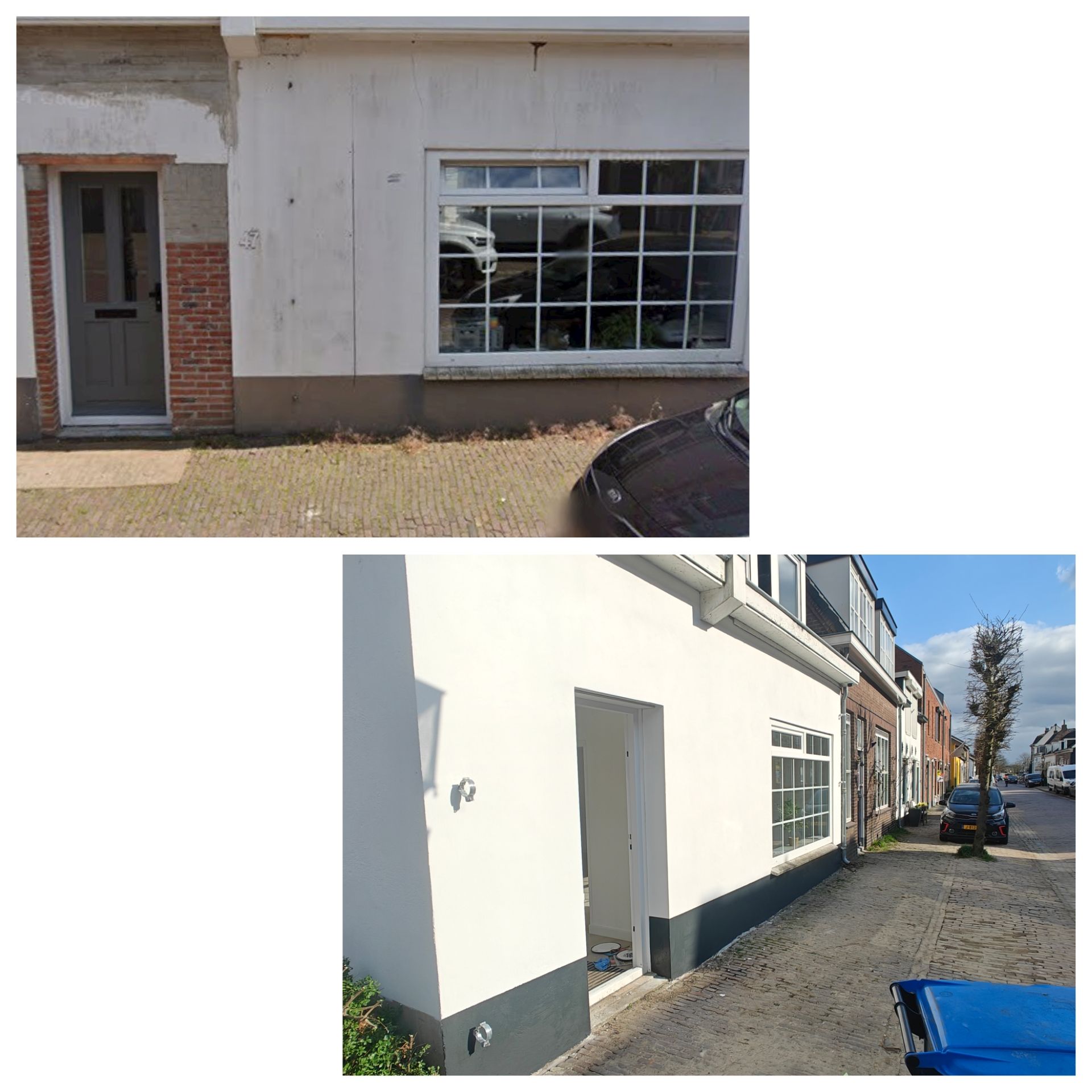 Voor- en nafoto's van de buitenkant van een gebouw met nieuw wit stucwerk en een grijs geschilderde plint.