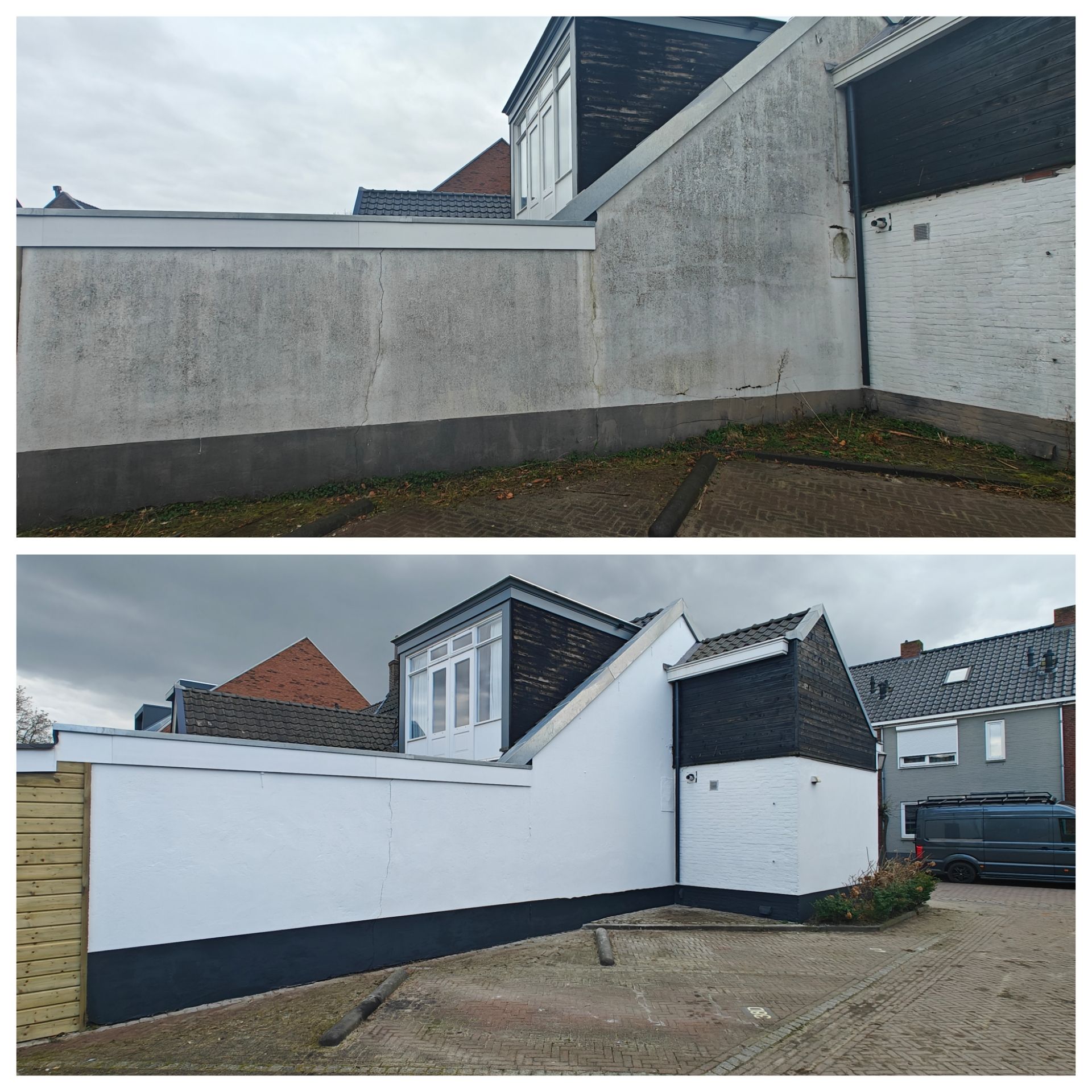 Voor en na vergelijking van een buitenmuur die wit is geverfd met een donkerblauwe plint.