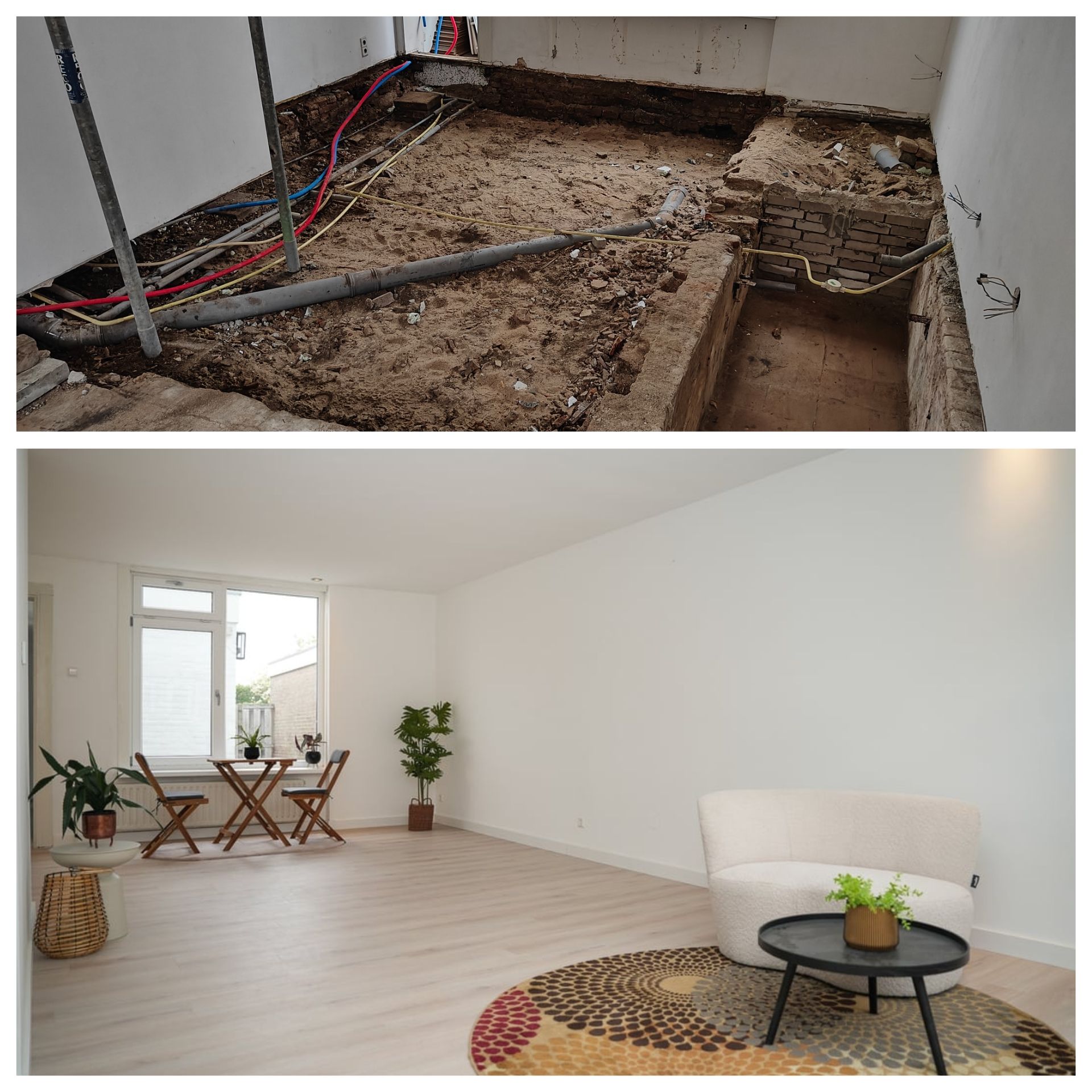 Een gesplitst scherm toont eerst een ruimte in aanbouw met blootliggende grond en leidingen, gevolgd door de afgewerkte, gemeubileerde ruimte.