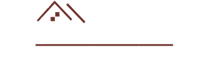 Een minimalistisch logo met een donkerbruine daklijn van een huis en twee kleine vierkante ramen boven een horizontale lijn.