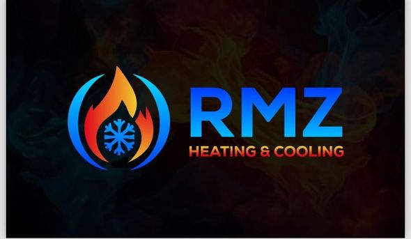 A logo for rmz heating and cooling with a fire and snowflake