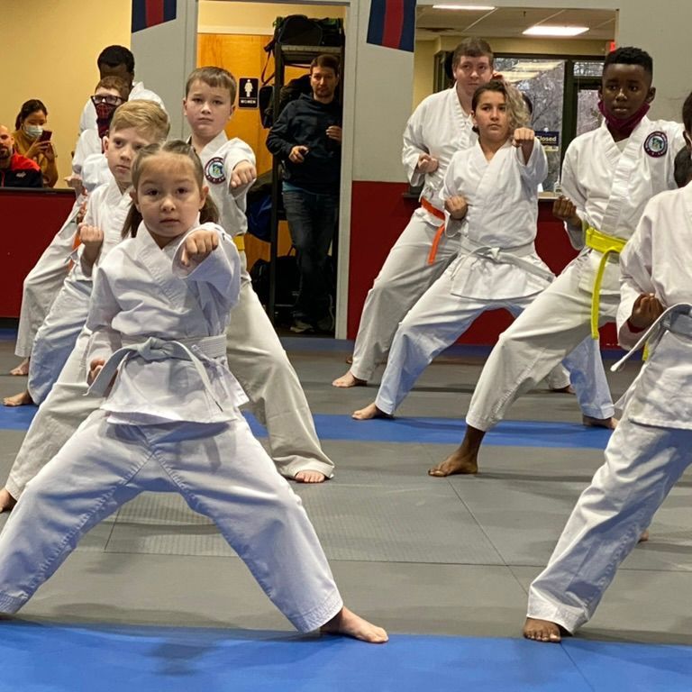 A group of kids are practicing karate in a gym