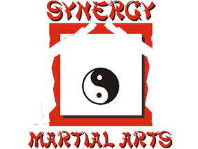 A logo for synergy martial arts with a yin yang symbol