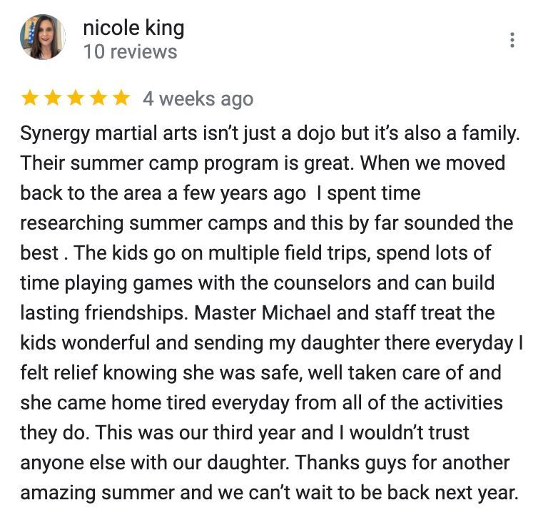 Nicole king wrote a review for synergy martial arts