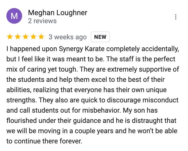 Meghan loughner wrote a review for synergy karate