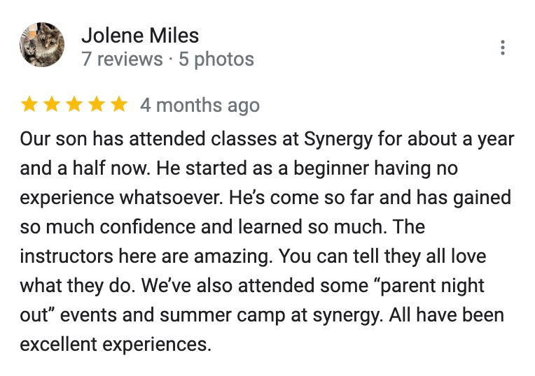 A review from jolene miles shows that her son has attended classes at synergy for about a year and a half now.